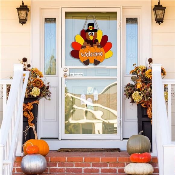 Thanksgiving Decorations Turkey Door Sign Welcome Fall Wreath for Front Door - Picture 7 of 8